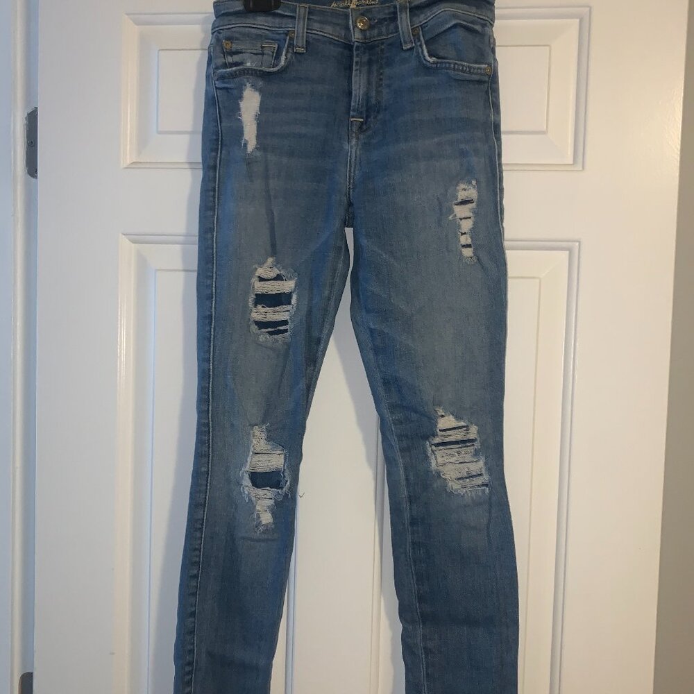 7 FOR ALL MANKIND, THE ANKLE SKINNY DISTRESSED LIGHT WASH JEANS, SIZE 24